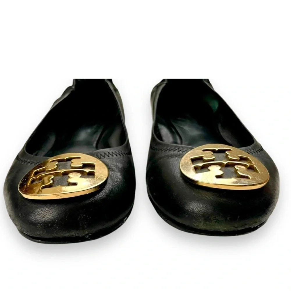 Tory Burch Reva Black Leather Ballet Flats Gold Logo Size 7.5